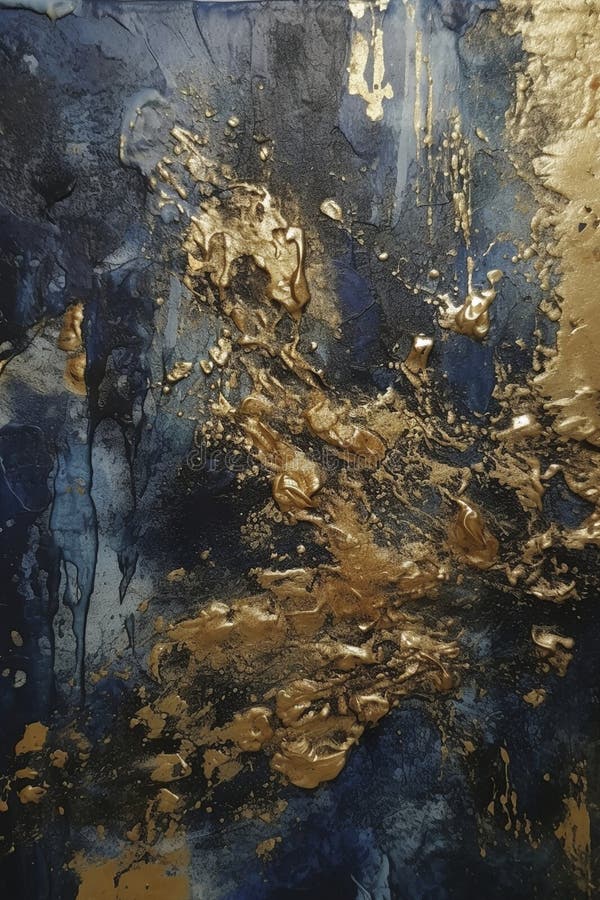Dark Blue and Gold Painting Texture, Created with Generative AI Stock