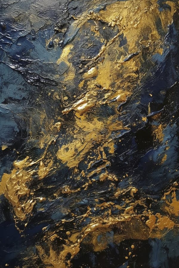 Dark Blue and Gold Painting Texture, Created with Generative AI Stock