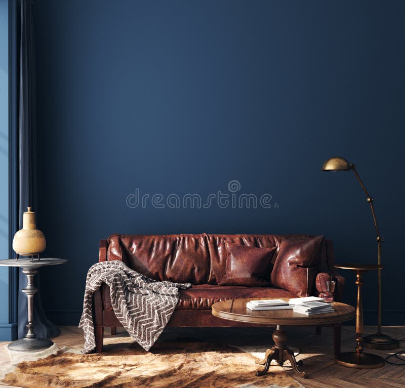 Dark blue home interior with old retro furniture, hipster style stock illustration