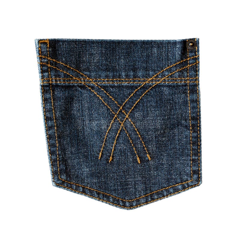 Dark blue jeans back pocket isolated on white background. Denim fashion, pocket design. Closeup of stitch, seams, rivet