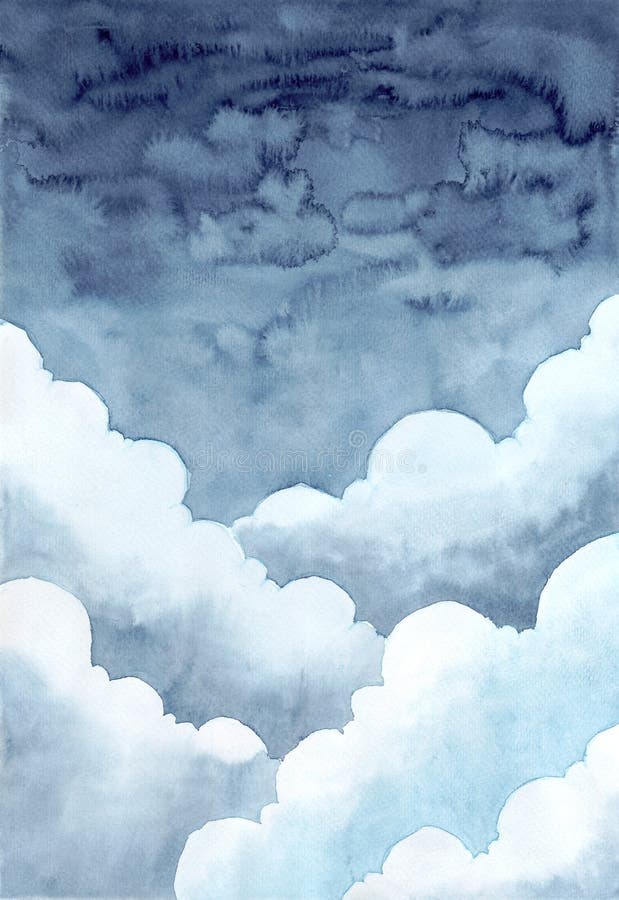 Dark blue night sky with many clouds background. watercolor hand painting illustration.