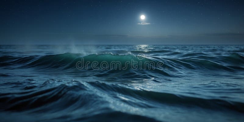 Dark Blue Ocean Waves at Night with a Deep and Serene Atmosphere. Stock