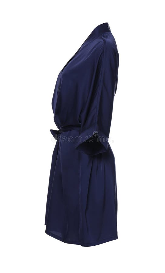 Dark Blue Silk Bathrobe Isolated on White, Side View Stock Photo