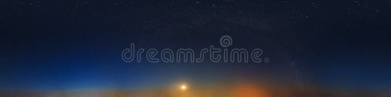 Dark blue sky after sunset with beautiful awesome sky with moon and milky way. Seamless hdri panorama 360 degrees angle view with