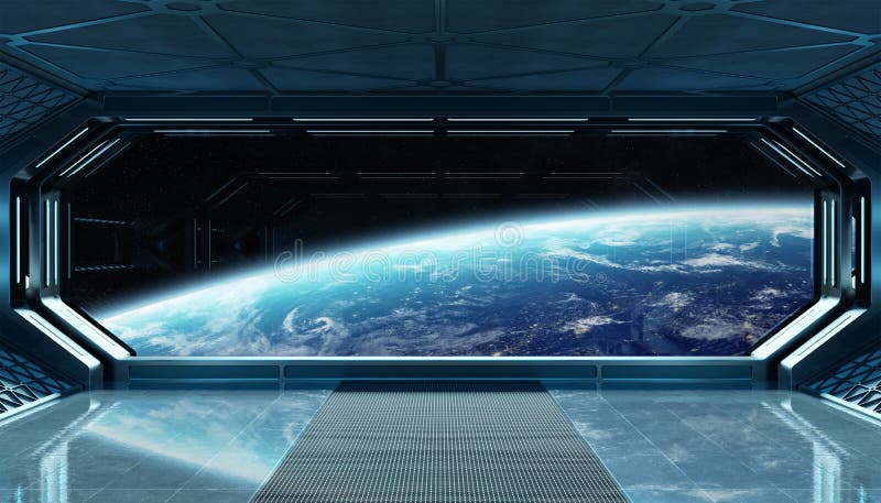 Dark Blue Spaceship Futuristic Interior with Window View on Planet Earth 3d Rendering Stock Illustration - Illustration of future, blue: 145234467