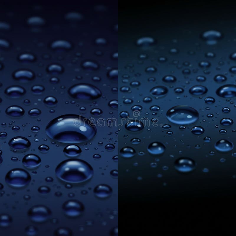 Dark blue surface covered with water droplets of various sizes. The droplets are vector illustration