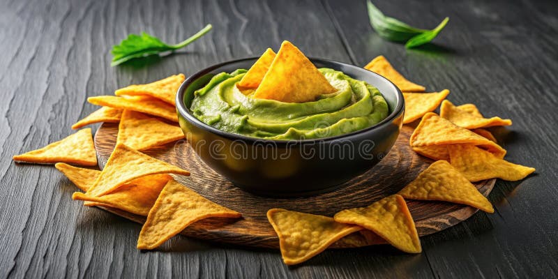 A dark bowl of creamy avocado dip with crispy triangular tortilla chips on a rustic wooden board. Generative AI stock illustration