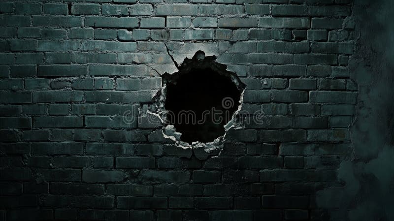 A dark brick wall with a large, irregular hole in the center royalty free illustration