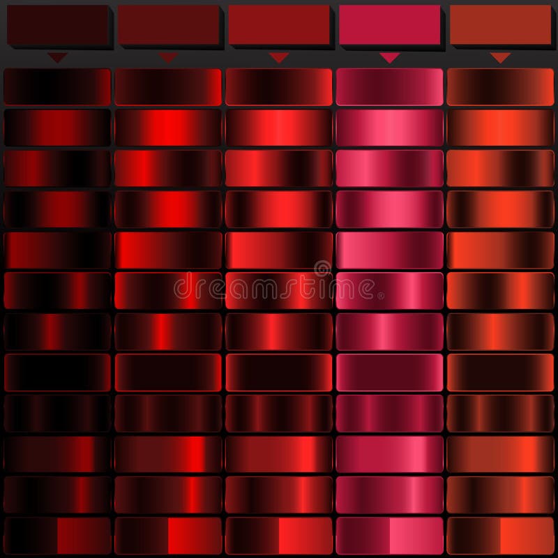 A gradient color palette featuring hues of dark brown, maroon, crimson, rose, and rust. The design arranges horizontal bars in a grid pattern, showcasing a smooth transition of colors. Each row highlights different intensities and shades, providing a comprehensive view of the spectrum within the selected color families. The metallic finish adds a sheen to the bars, enhancing depth and visual appeal. Ideal for fashion design and artistic projects. Rust shades vectors