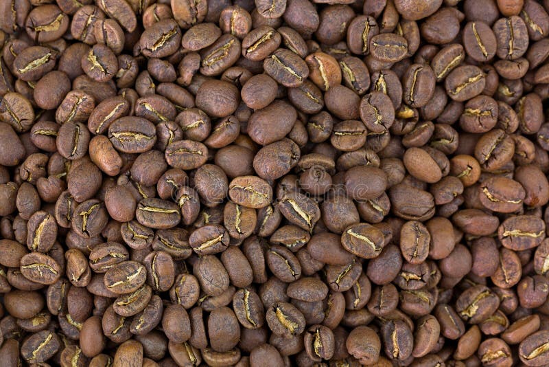 Dark brown roasted coffee beans. Costa Rica La Rosalia mixed wit