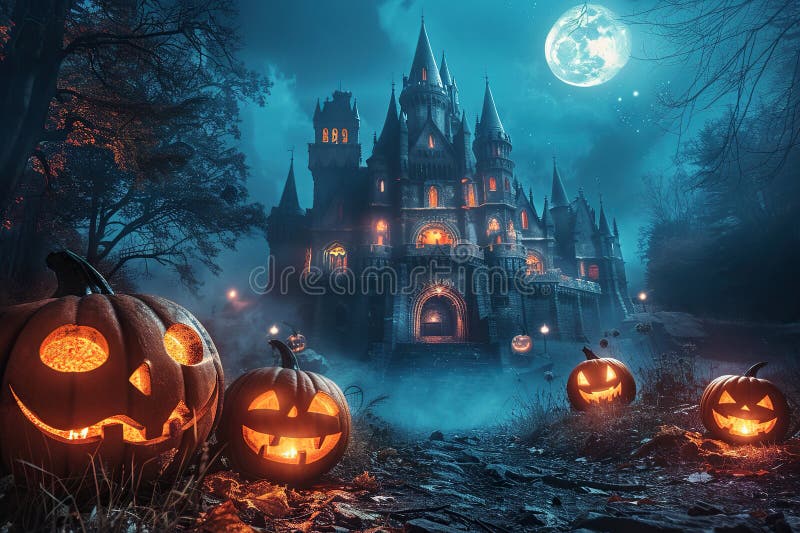 Dark castle with ominous pumpkins on the road in the light of the full moon. Halloween concept. Generated by artificial royalty free illustration