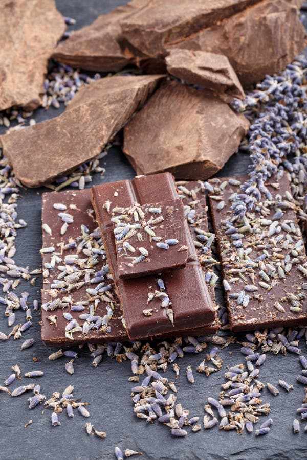 Dark Chocolate Bar with Dried Lavender Flowers Stock Photo Image of