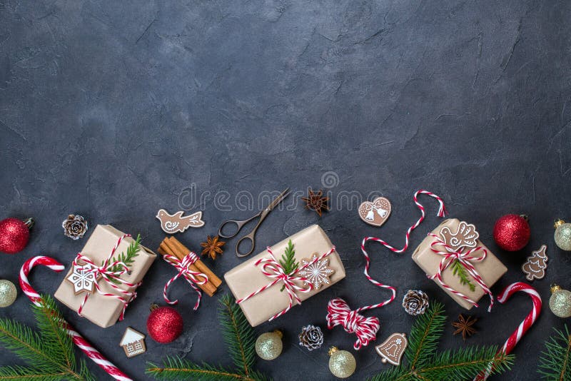 Dark Christmas Background Brown Kraft Paper Parcel Tied With Red And White  String On Black Background Stock Photo - Download Image Now - iStock