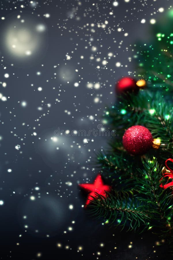 Dark Christmas decoration background - fir tree branches with re stock images Dark Christmas decoration background - fir tree branches with re stock images