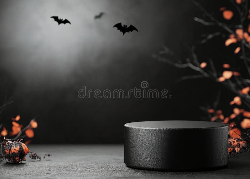 Dark circular stage with bats and clouds under a starry night sky stock images
