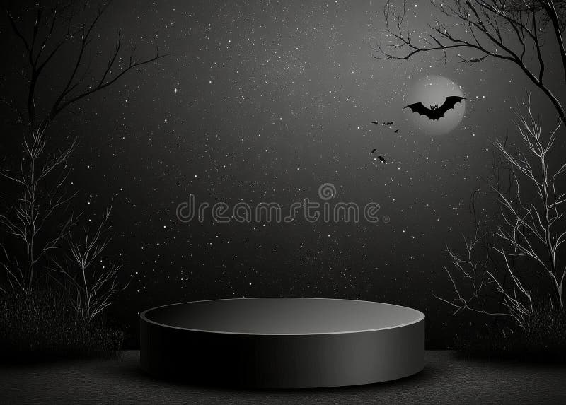 Dark circular stage with bats and clouds under a starry night sky royalty free stock image
