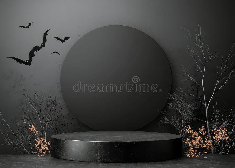 Dark circular stage with bats and clouds under a starry night sky royalty free stock photography