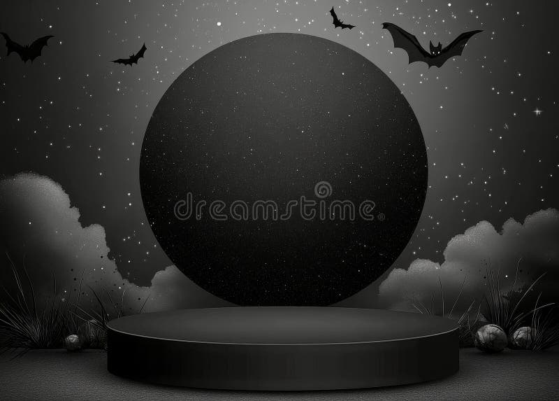 Dark circular stage with bats and clouds under a starry night sky stock photography