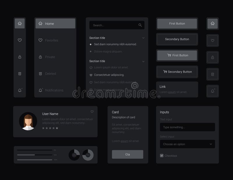 Dark Collection of gray elegant ui ux elements. Ux dashboard user panel template. User interface, experience. royalty free illustration