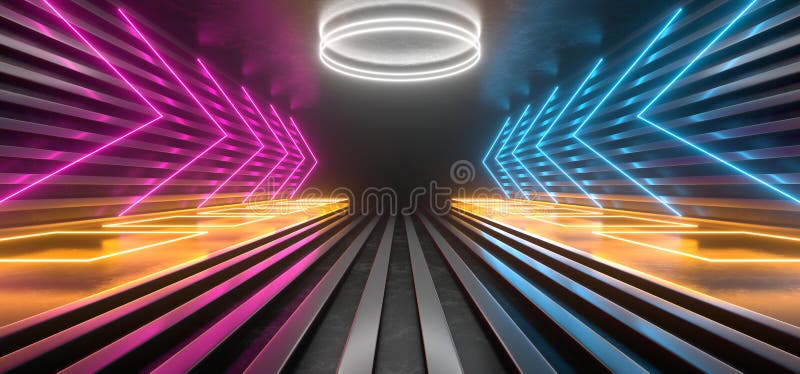 Dark Corridor with Bright Colored Neon Lights on a Black Background. 3d