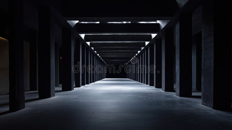 Dark corridor with illuminated ceiling and columns, minimalist architecture