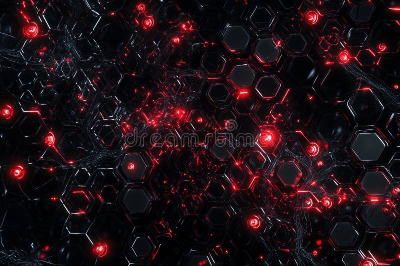 A dark cybernetic 3D background with metallic hexagons forming an intricate honeycomb pattern royalty free stock image