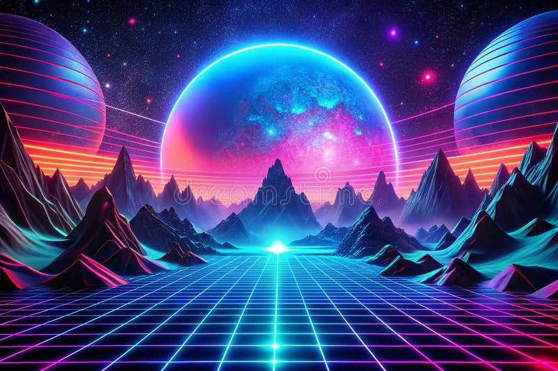 Dark Cyberpunk Retro Futuristic Landscape A Synthwave Vaporwave and Retrowave Fusion of Glowing Circles Abstract Forms vector illustration