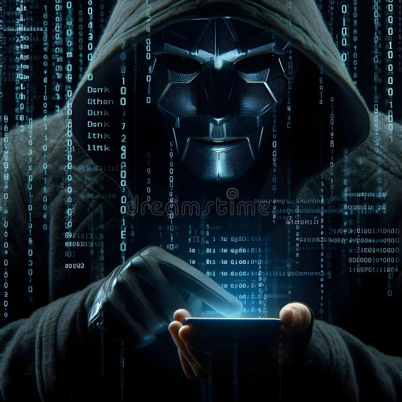 Dark digital matrix rain hooded masked hacker scammer using smartphone royalty free stock image