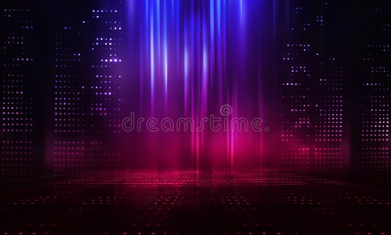 Abstract futuristic neon background. Searchlight light, wet asphalt, smoke, night view, rays.