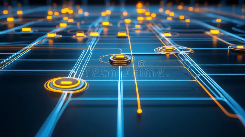 A dark floor features a glowing, abstract structure illuminated by neon light stock images