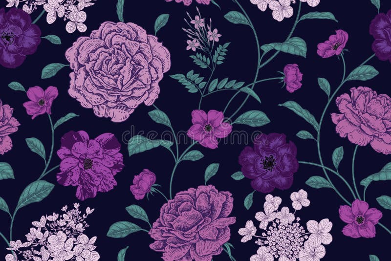 Dark Floral Background. Vintage Seamless Pattern. Vector Stock Vector -  Illustration of design, flora: 213320627
