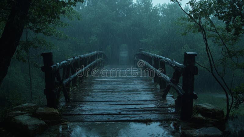 Dark Forest Bridge Under Heavy Rain vector illustration