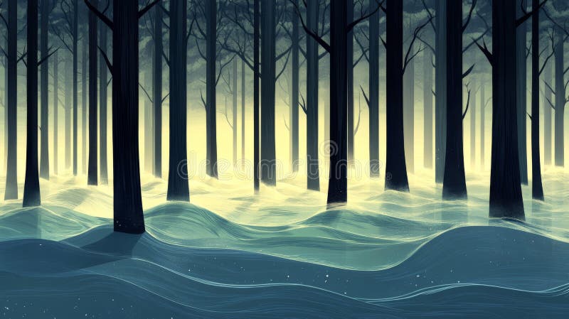 Dark Forest with Fog and Snow stock illustration