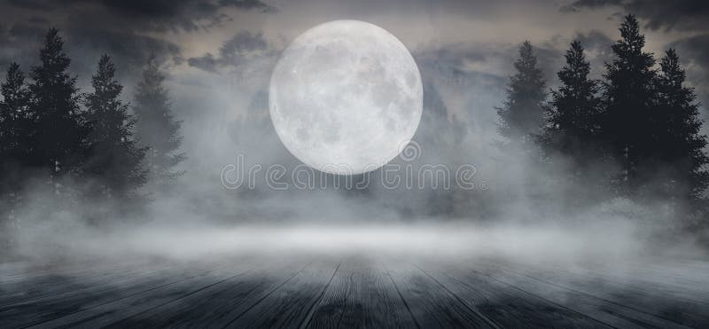 Dark Forest. Gloomy Dark Scene with Trees, Big Moon, Moonlight. Smoke,  Shadow. Abstract Dark, Cold Street Background Stock Image - Image of forest,  cold: 161594079