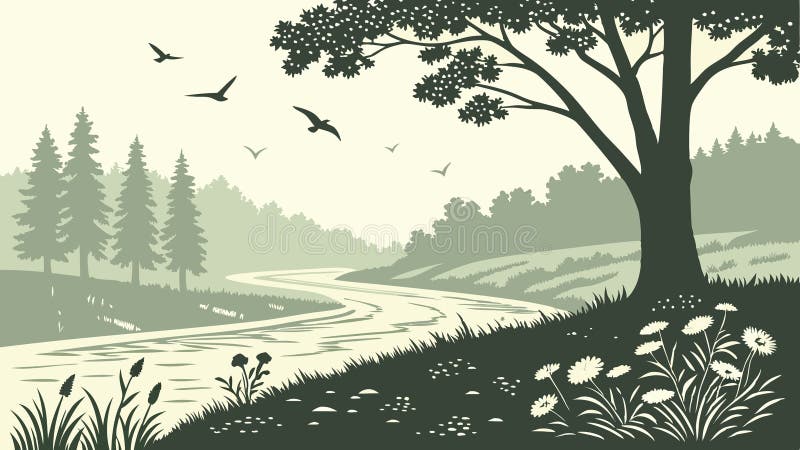 Dark Forest River Scene with Heavy Canopy and Reflections, vector design Generative AI royalty free illustration