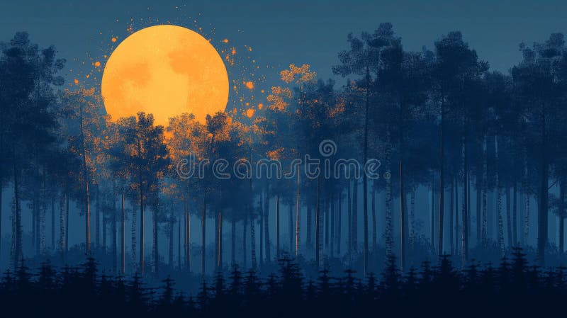 Dark Forest Underneath a Large Yellow Moon at Night stock illustration