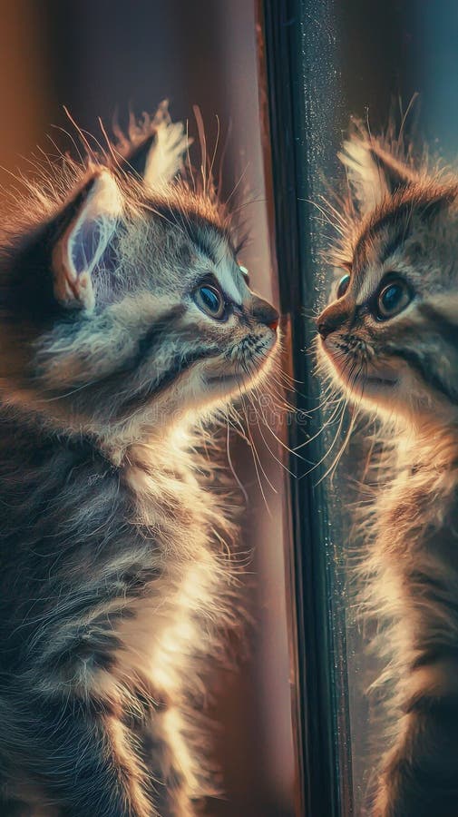 Dark-furred kitten observing its reflection in a mirror stock photography