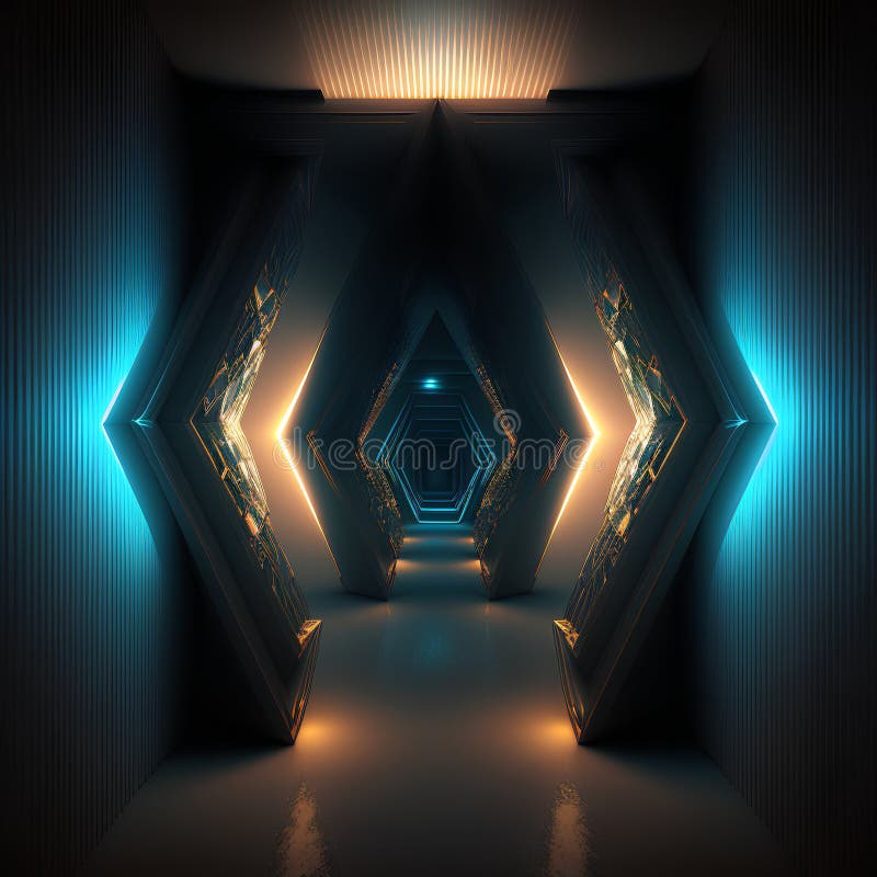 Dark futuristic corridor with glowing neon lights, 3d rendering abstract background stock illustration