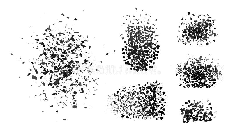 Dark geometric particles burst set. Black grey shatters, flying triangles bursts, broken debris vector collection. Abstract stock illustration