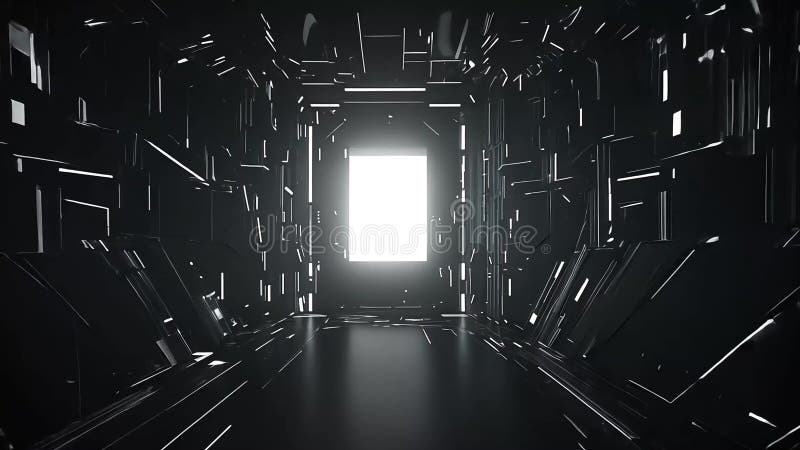 Dark, geometric tunnel with bright light at end. Complex lines and shapes create futuristic, abstract space stock illustration