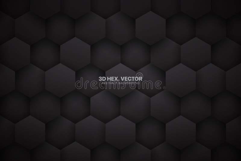 Dark Gray 3D Vector Tech Hexagonal Blocks Pattern Abstract Background. Science Technology Hexagons Grid Structure Black Conceptual Wallpaper. Three Dimensional Clear Blank Subtle Textured Backdrop