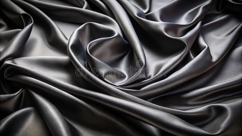 Dark gray satin draped fabric texture luxurious smooth surface with elegant swirls and gentle folds. Generative AI stock illustration