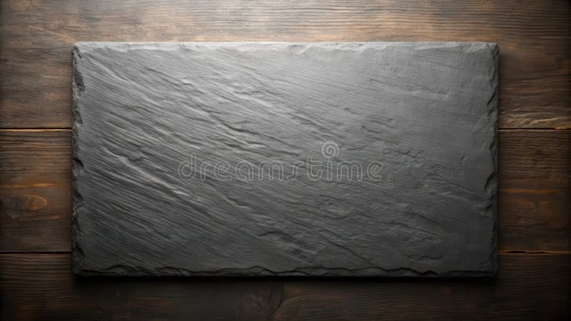 Dark gray slate slab on rustic wooden surface perfect for product presentation or culinary display. Generative AI vector illustration
