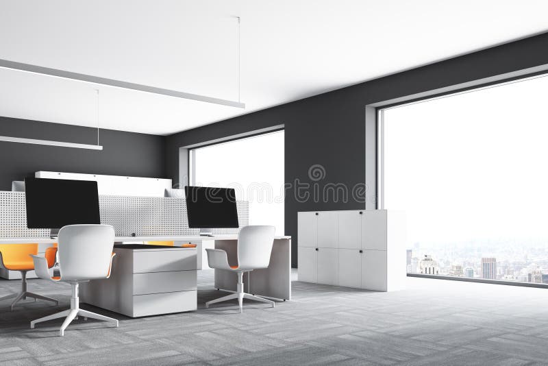 Dark Gray Wall Open Space Office Interior Side Stock Illustration