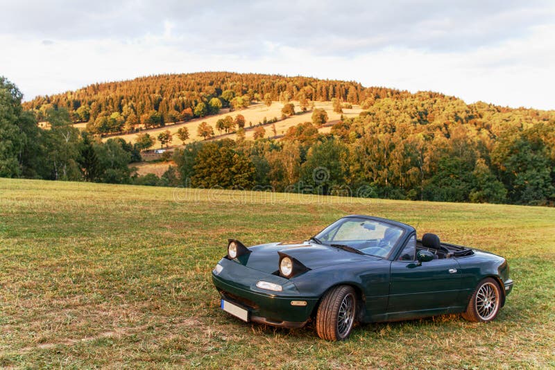 Dark Green Convertible on a Summer Meadow with Trees Stock Photo