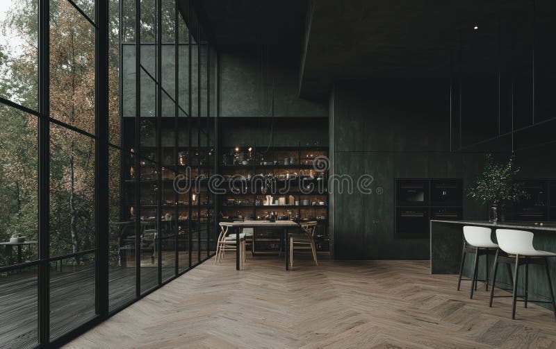 Dark Green Modern Kitchen Interior vector illustration