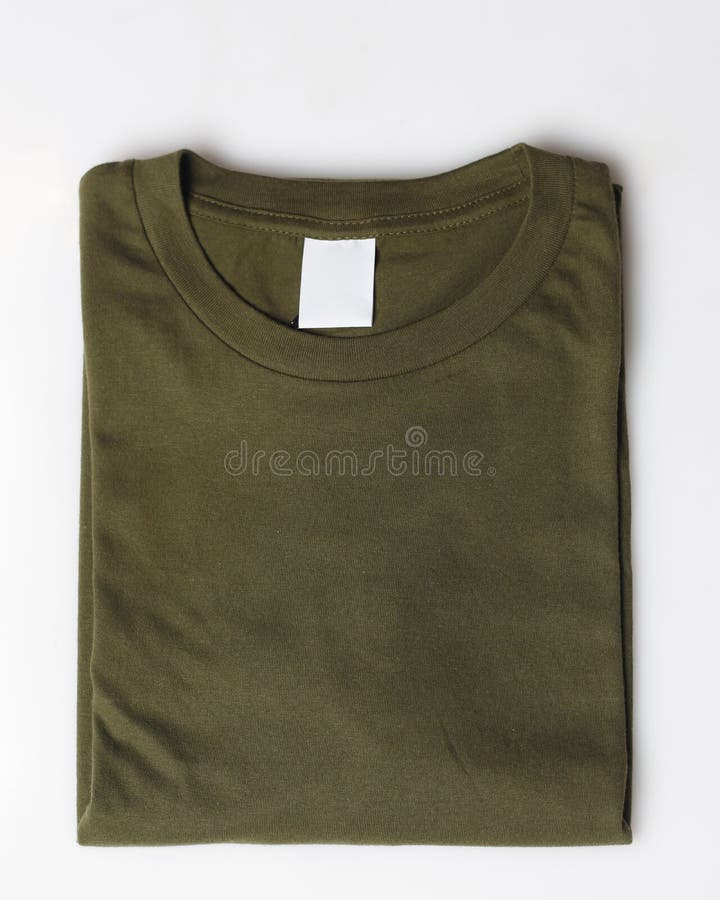 Dark green plain t-shirt mockup template. Plain t-shirt isolated on white background. Clothing for everyday. Perfect for your ad space. Space for your logo. Plain t-shirt for everyday wear. Focus blur.