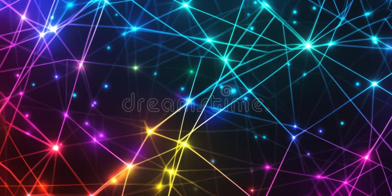 A dark grey background with intersecting neon lines, creating a web-like geometric pattern. The stock images