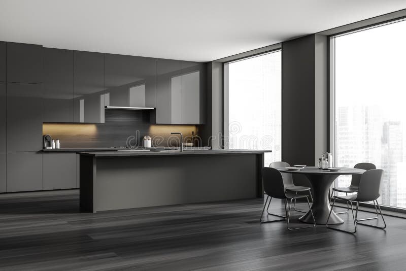 Dark Grey Cooking Interior with Countertop, Sink and Dining Table Stock