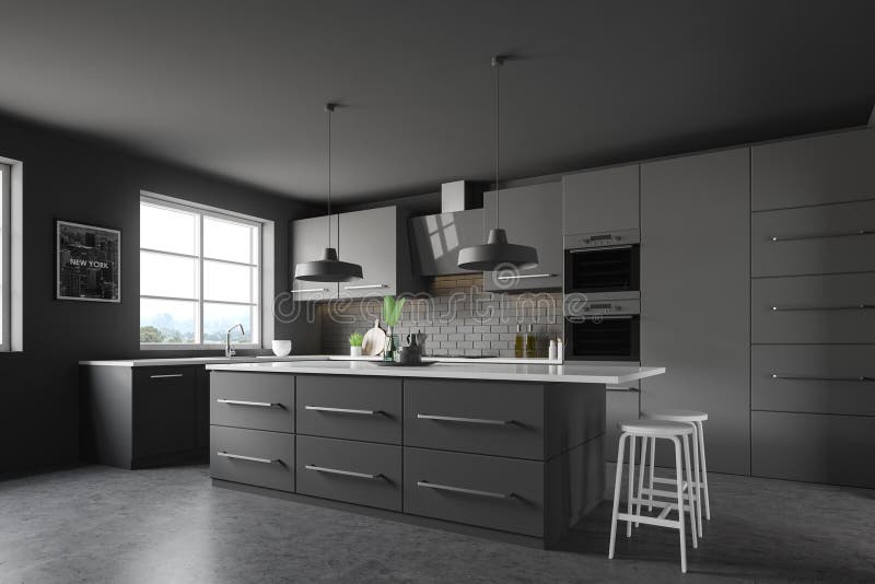 Dark Grey Kitchen Corner, Bar and Picture Stock Illustration ...